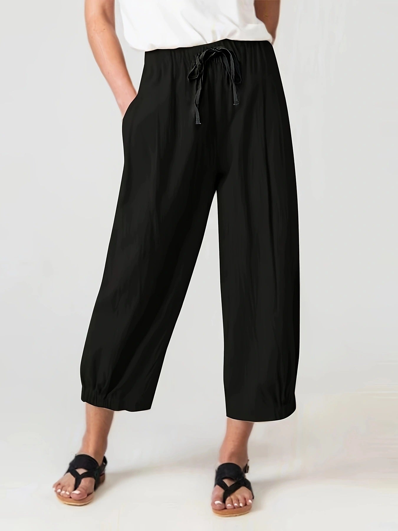 Damen weite Leinenhose mit elastischem Bund und praktischen Taschen Stalluxe