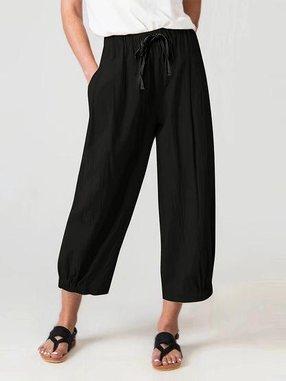 Damen weite Leinenhose mit elastischem Bund und praktischen Taschen Stalluxe