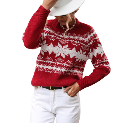 Damen festlicher Strickpullover mit winterlichem Muster und hohem Kragen Stalluxe