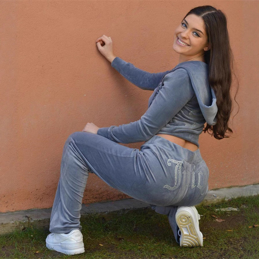 Damen luxuriöser Velours-Jogginganzug mit Glitzerakzenten und elastischem Bund Stalluxe