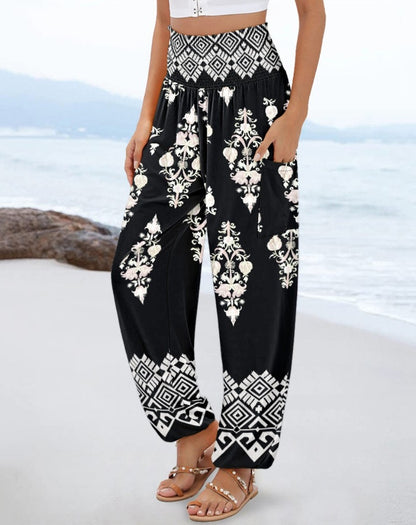 Damen weite Palazzo-Hose mit buntem Paisleymuster und elastischem Bund Stalluxe