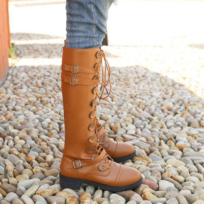 Damen Lange Schnürstiefel mit modischen Riemen Stalluxe