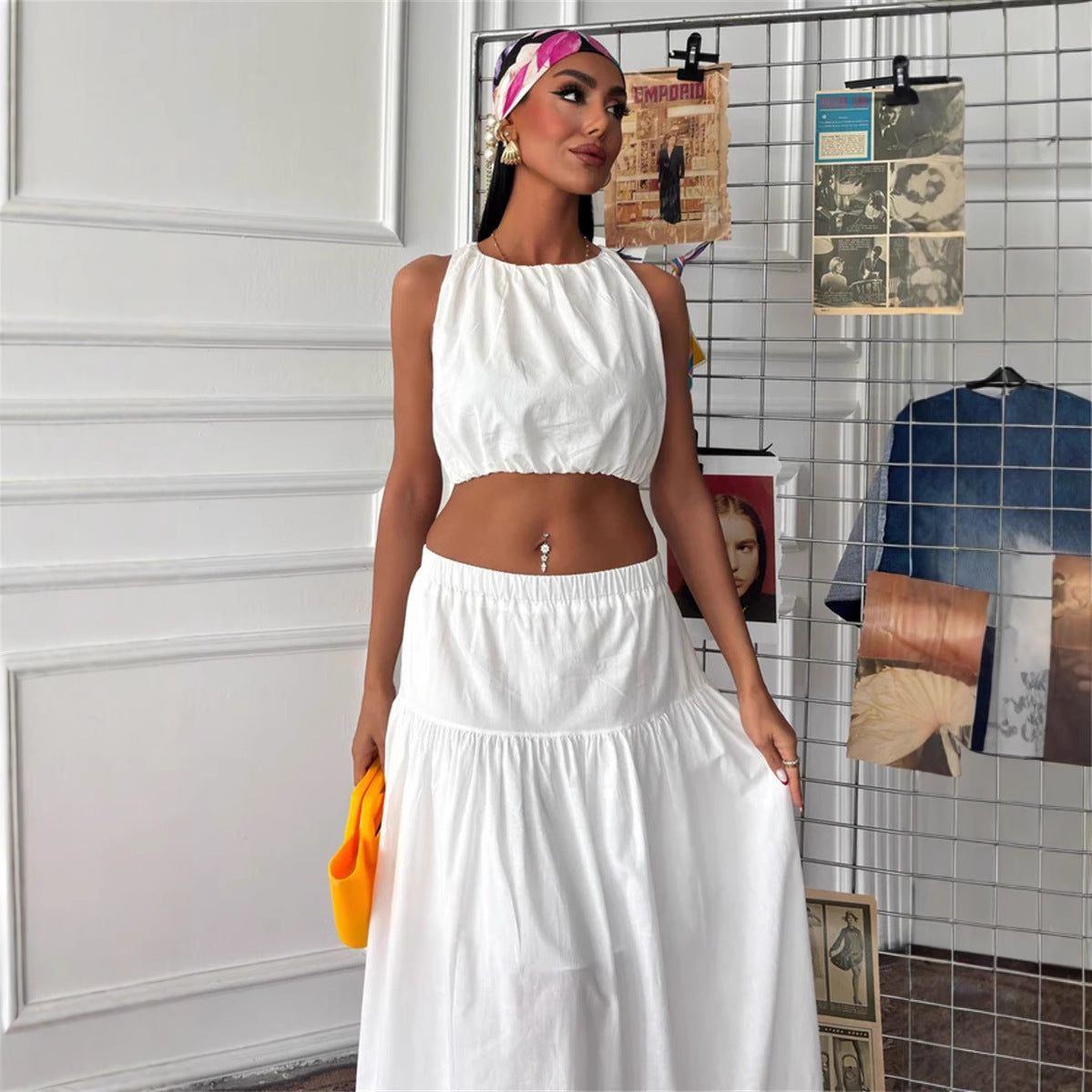 Damen Cropped Top und Maxi-Rock Set mit elastischem Bündchen und Volant Stalluxe