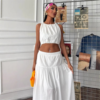 Damen Cropped Top und Maxi-Rock Set mit elastischem Bündchen und Volant Stalluxe