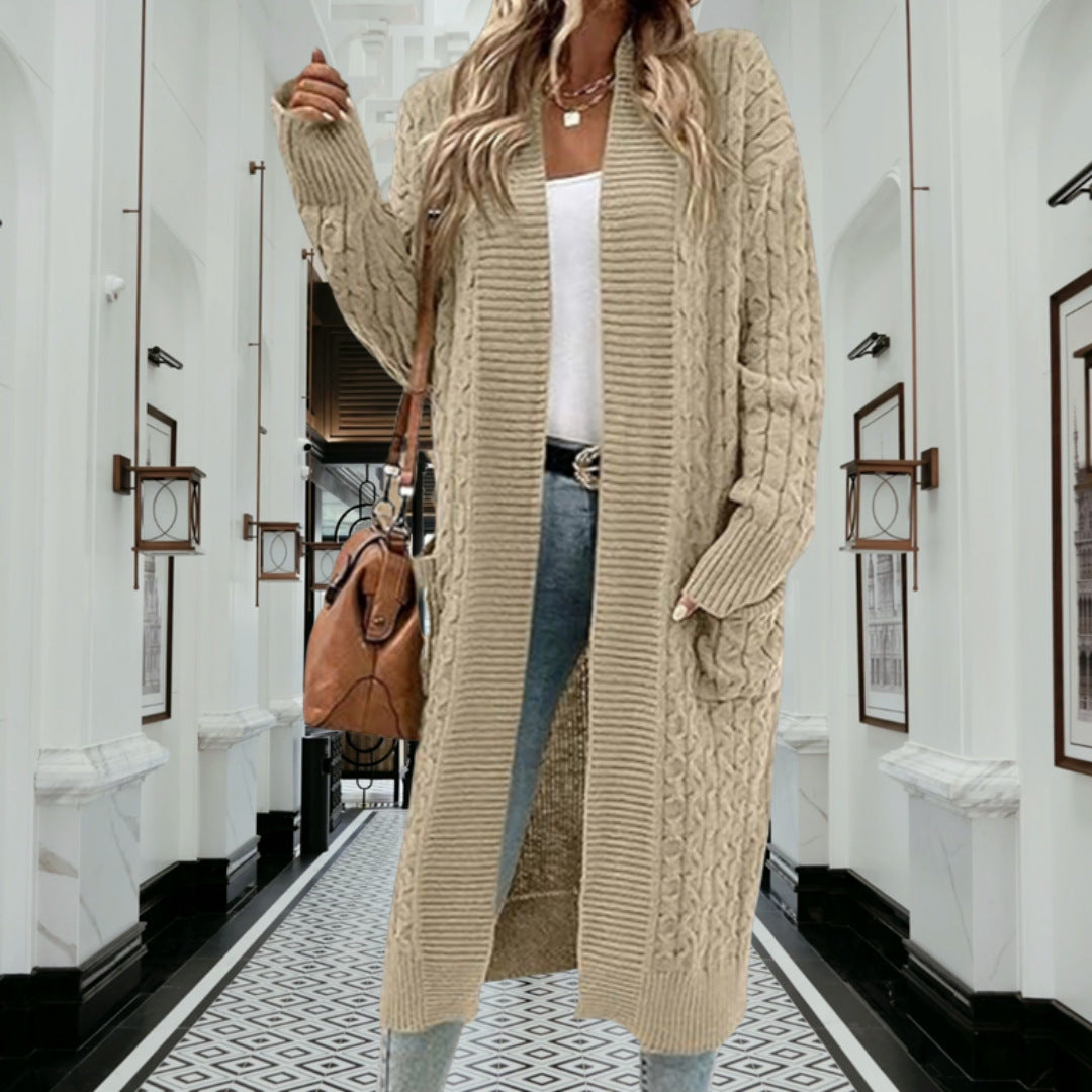 Damen Strickjacke mit grobem Zopfdesign und praktischen Taschen Stalluxe Khaki