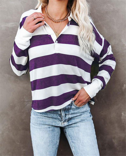 Damen lässiges Langarmshirt mit Streifenmuster und Knopfleiste Stalluxe