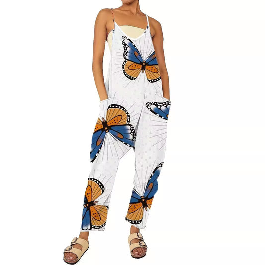 Damen Jumpsuit mit buntem Schmetterlingsmuster und praktischen Taschen Stalluxe