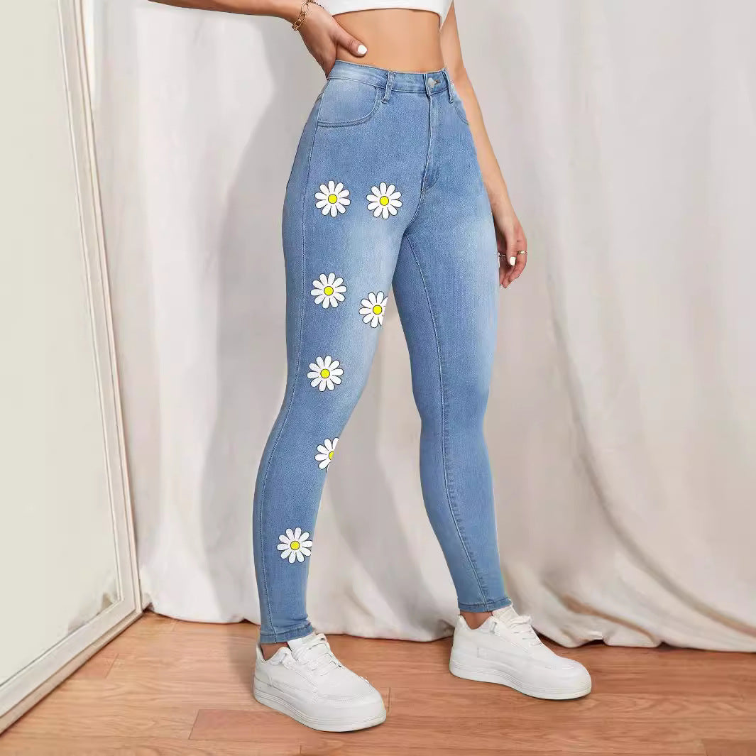 Damen Hochtaillierte Skinny-Jeans mit stilvollen Blumenapplikationen Stalluxe