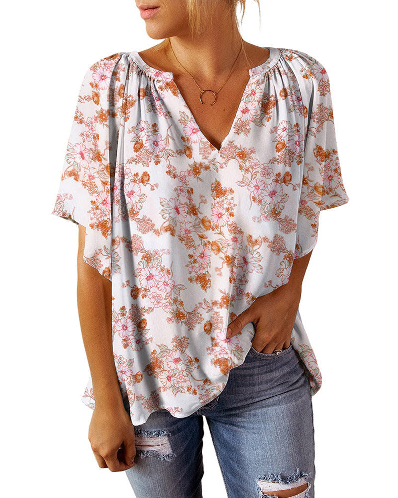 Damen weiches V-Ausschnitt Blusenoberteil mit floralem Design und elastischem Bund Stalluxe