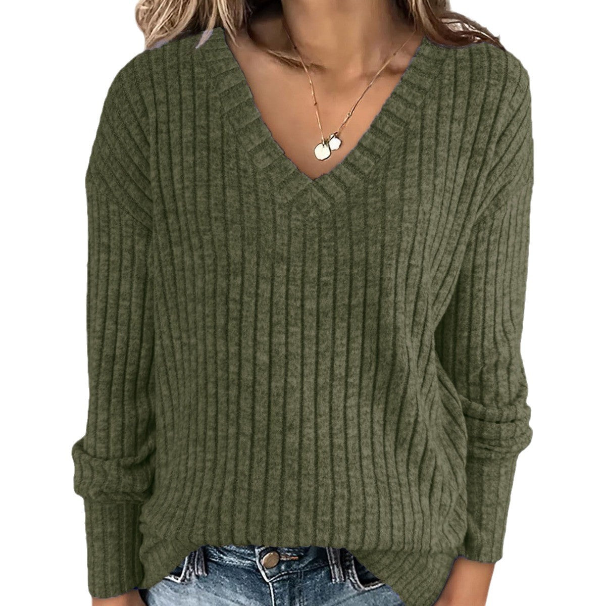 Damen V-Ausschnitt Pullover mit feinen Streifen Stalluxe