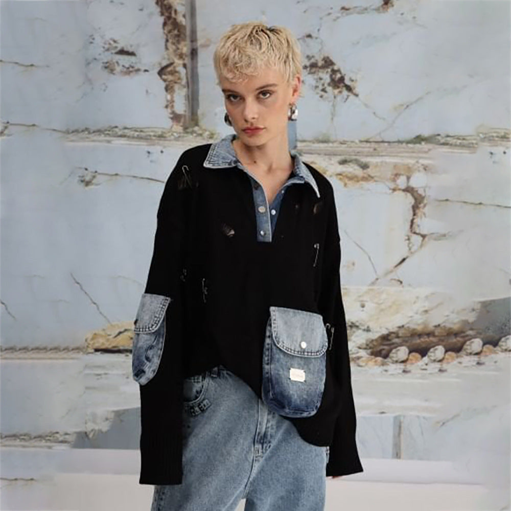 Damen Urbaner Oversized Pullover mit Denim-Details Stalluxe