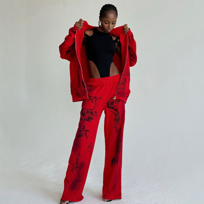 Damen Sportlicher Oversized Set mit einzigartigen Grafiken und Kapuze Stalluxe