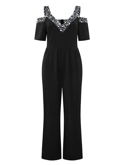 Damen eleganter Jumpsuit mit schulterfreier Gestaltung und glitzerndem Dekolleté Stalluxe