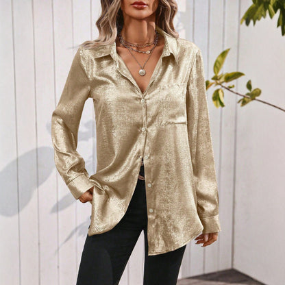Damen Glänzende Oversized-Bluse mit knöpfbarem Kragen Stalluxe