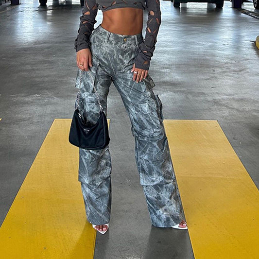 Damen Cargo-Hose mit weiten Beinen und verspieltem Muster Stalluxe