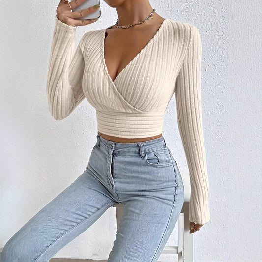Damen Cropped Pullover mit V-Ausschnitt und raffiniertem Rippendesign Stalluxe