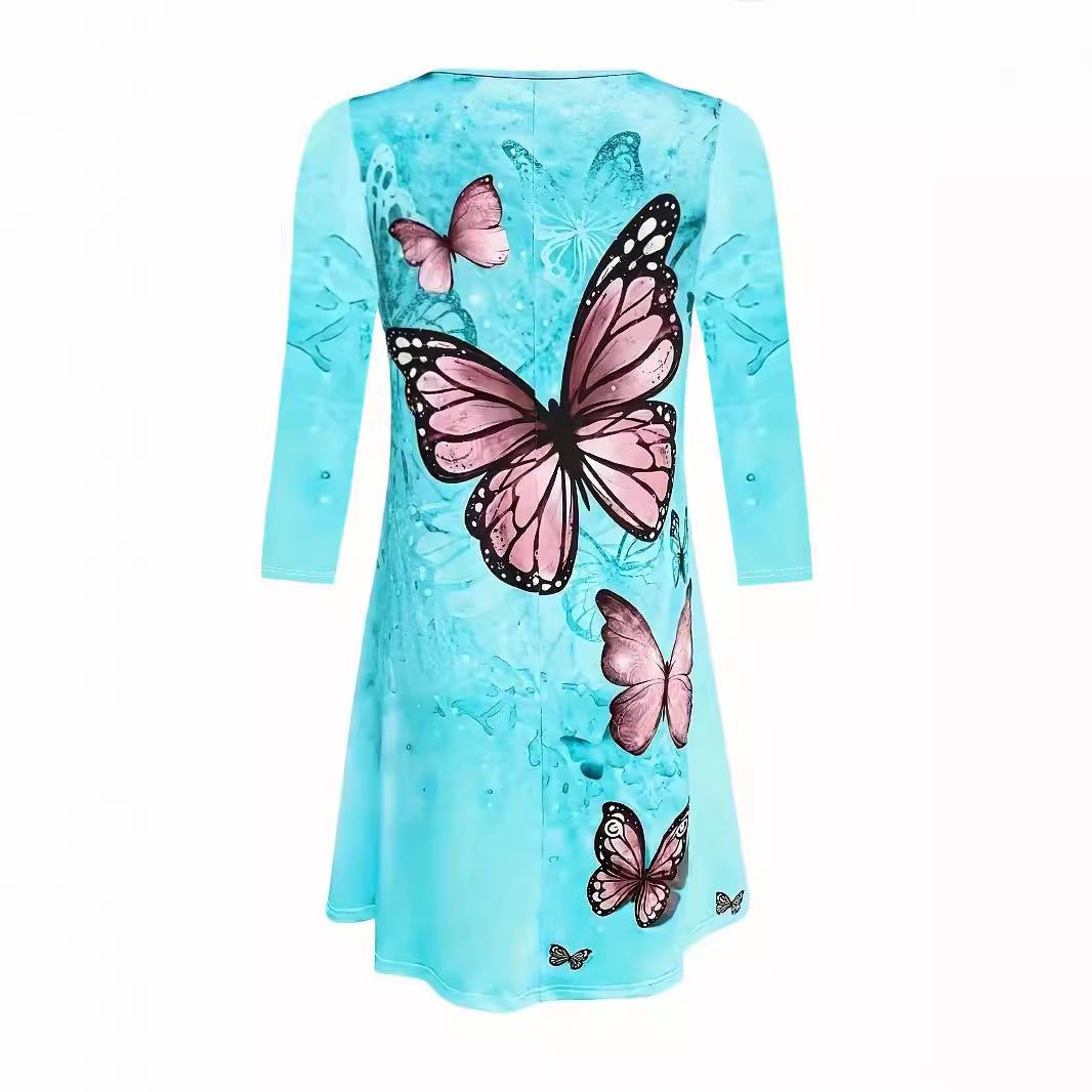 Damen Kleid mit kunstvollem Schmetterlingsdruck und luftiger Silhouette Stalluxe