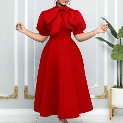 Damen Midi-Kleid mit eleganter Schleifenansatz und Puffärmel Stalluxe