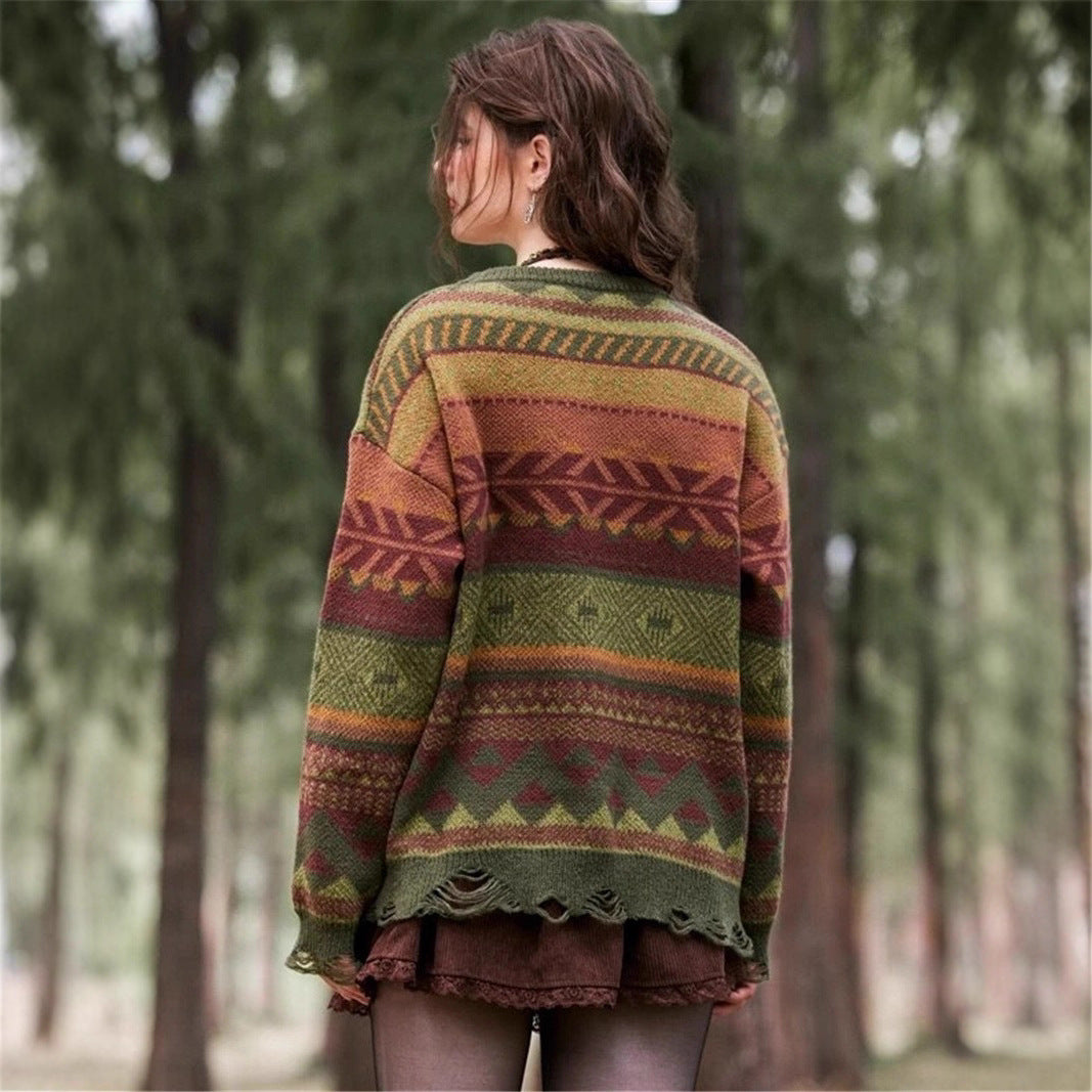 Damen Gemusterter Pullover im Boho-Stil mit fransigem Saum Stalluxe