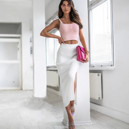 Damen Knielanger Strickrock mit seitlichem Schlitz und Knopfdetails Stalluxe