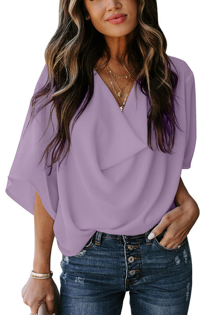 Damen elegante Bluse mit drapiertem V-Ausschnitt und weit geschnittenen Ärmeln Stalluxe