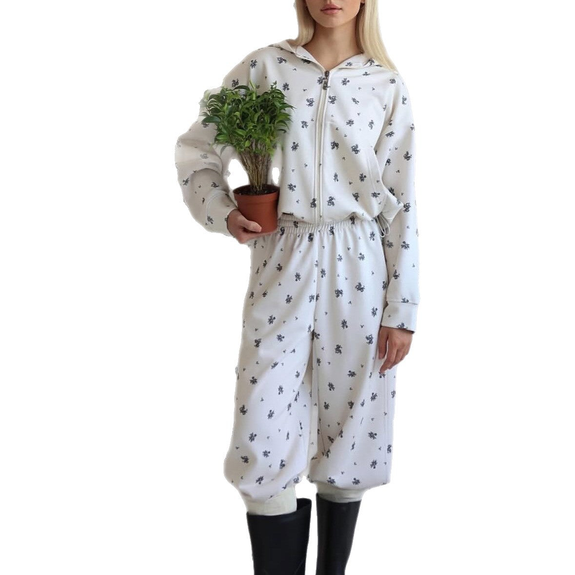 Damen Sportlicher Freizeitanzug mit floralem Muster und hohem Kragen Stalluxe