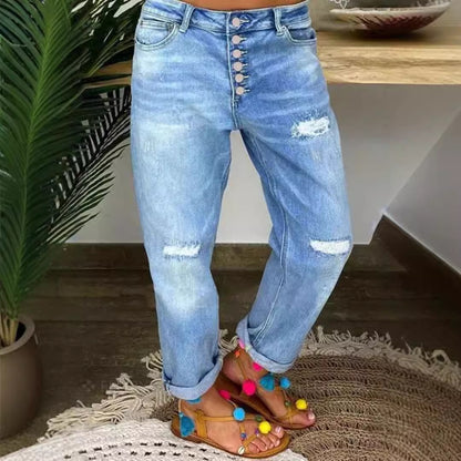 Damen Boyfriend Jeans mit Knopfverschluss und Distressed-Details Stalluxe