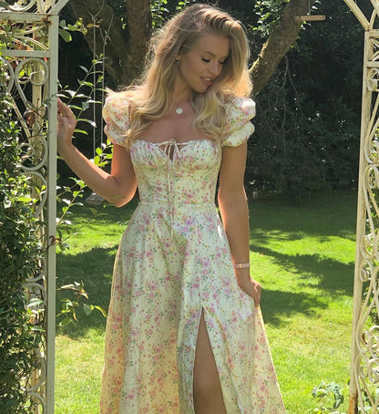 Damen Maxi-Kleid mit Puffärmeln und floralem Design Stalluxe