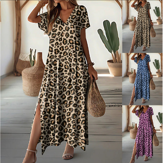 Damen V-Ausschnitt Leopardenprint Maxikleid mit Seitenschlitzen Stalluxe