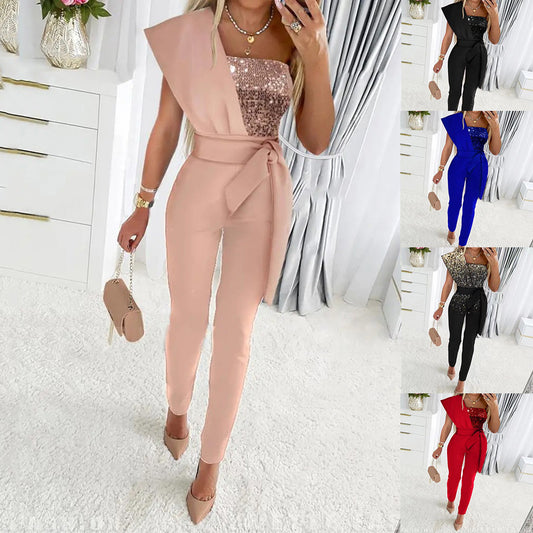 Damen One-Shoulder Jumpsuit mit glitzerndem Oberteil und Taillengürtel Stalluxe