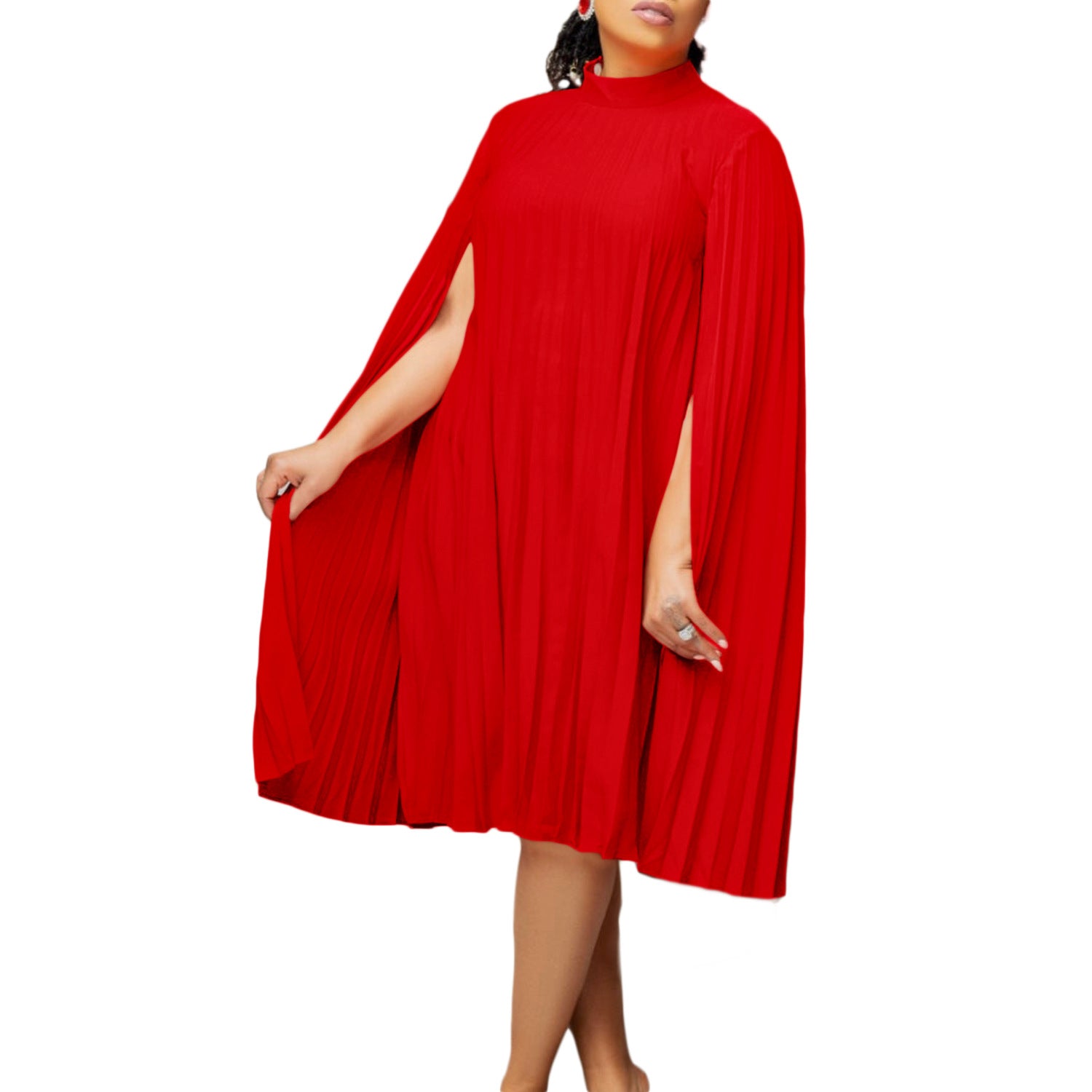 Damen Plissiertes Cape-Kleid mit hochgeschlossenem Kragen und langen Ärmeln Stalluxe