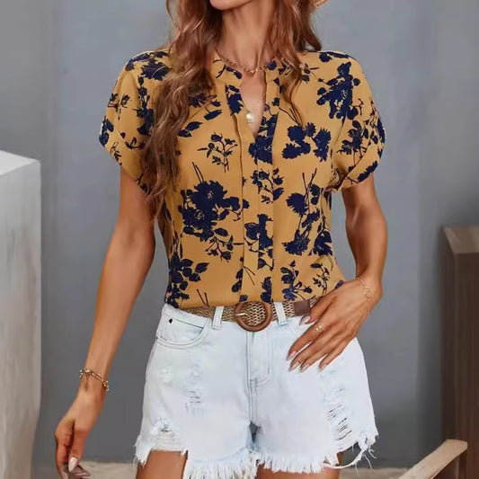 Damen lässige Bluse mit floralem Muster und kurzer Knopfleiste Stalluxe
