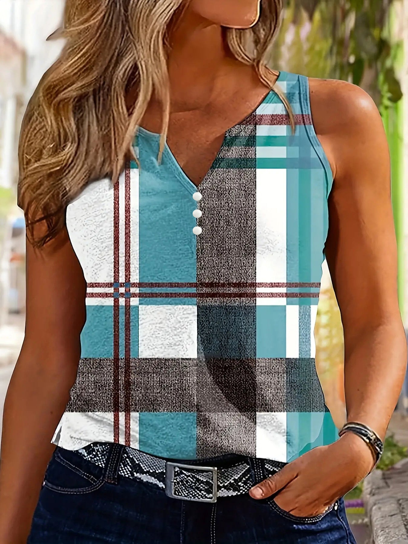 Damen Stylisches Karierter Button-Up Tanktop Stalluxe
