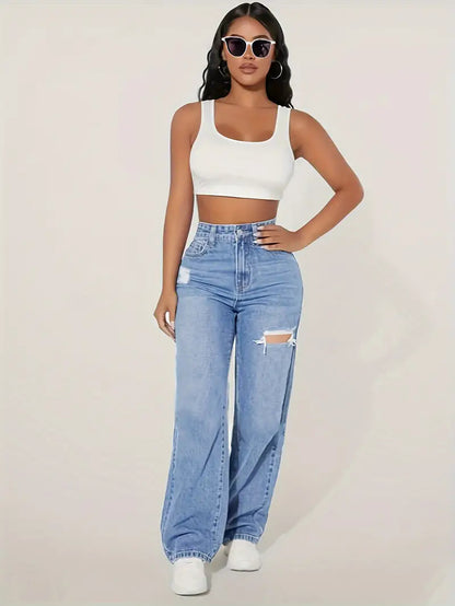 Damen weite Jeans mit modischen Rissdetails und hohem Bund Stalluxe