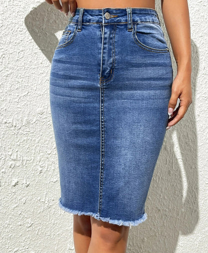 Damen Jeansrock im figurbetonten Schnitt mit fransigem Saum Stalluxe
