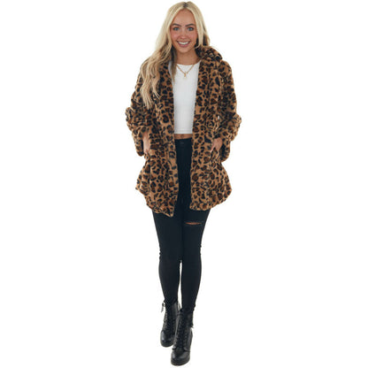 Damen Gemütliche Leopard-Fleecejacke mit offenem Kragen Stalluxe