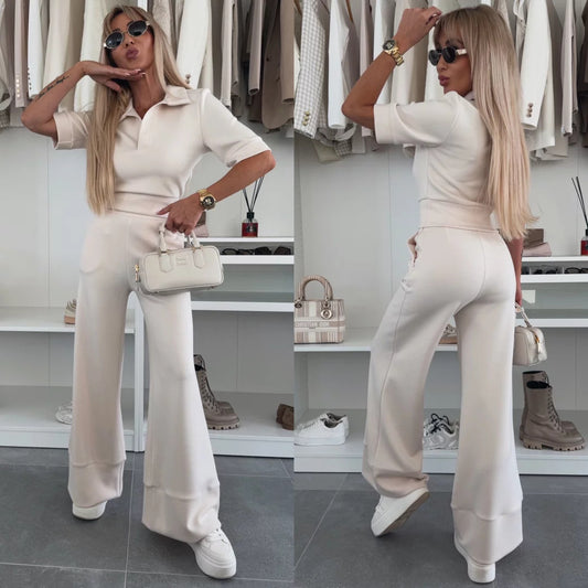 Damen sportliches Lounge-Set mit schicker Polo-Kragen und weitem Bein Stalluxe