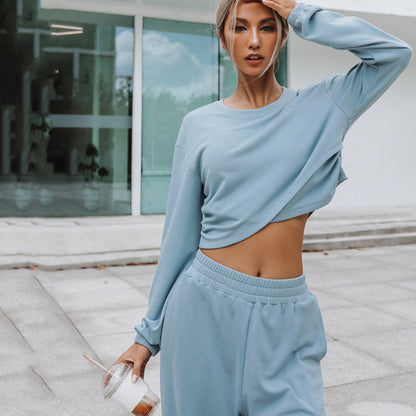 Damen lässiges Cropped Sweat-Set mit elastischem Bund und weitem Bein Stalluxe