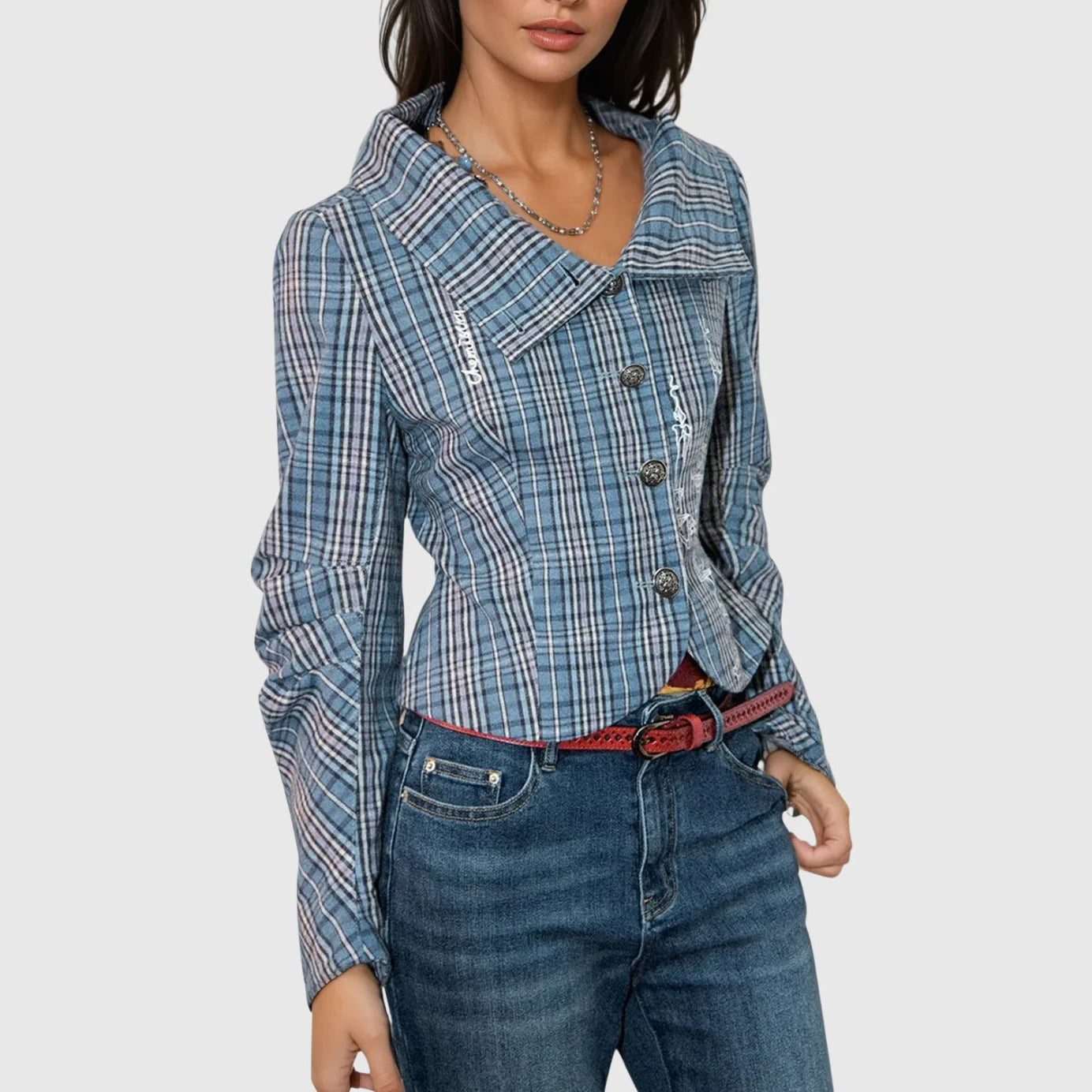 Damen Karierte Blousonjacke mit hohem Kragen und einzigartigen Details Stalluxe