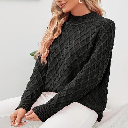 Damen Grobstrickpullover mit trendigem Rautenmuster und hohem Kragen Stalluxe