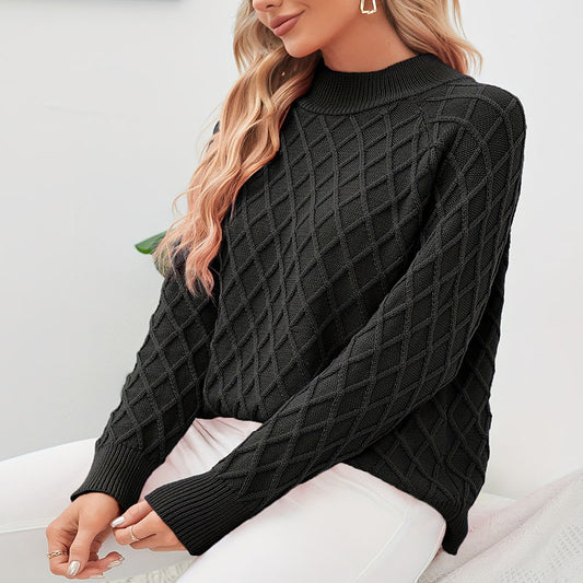 Damen Grobstrickpullover mit trendigem Rautenmuster und hohem Kragen Stalluxe