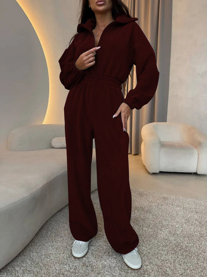 Damen modischer Fleece-Jumpsuit mit Reißverschluss und weitem Bein Stalluxe