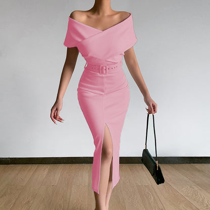 Damen figurbetontes Midi-Kleid mit Off-Shoulder-Ausschnitt und seitlichem Schlitz Stalluxe