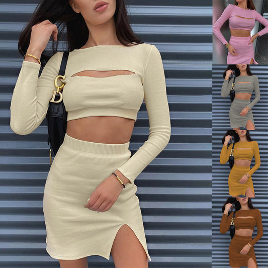 Damen Zweiteiliges Set mit schulterfreiem Crop-Top und Bodycon Rock mit Schlitz Stalluxe