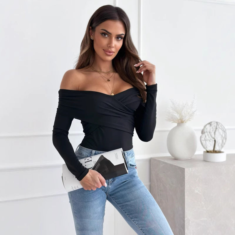 Damen Off-Shoulder Oberteil mit Wickeldesign und langem Arm Stalluxe