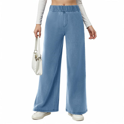 Damen weite Jeanshose mit Elastikbund und seitlichen Taschen Stalluxe
