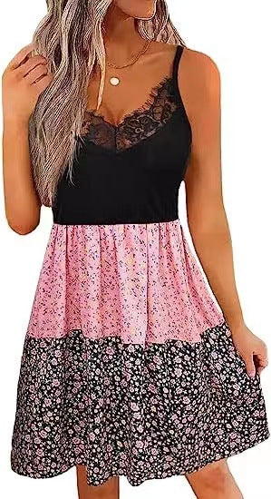 Damen Blumenkleid mit Spitzenoberteil und gefächertem Rock Stalluxe