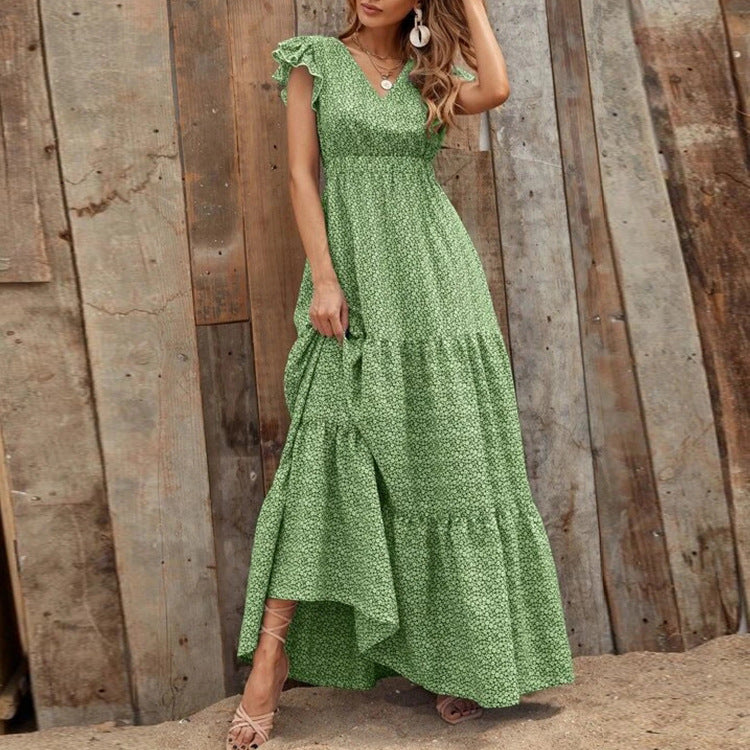 Damen Maxikleid mit zarten Rüschendetails und tieferem V-Ausschnitt Stalluxe