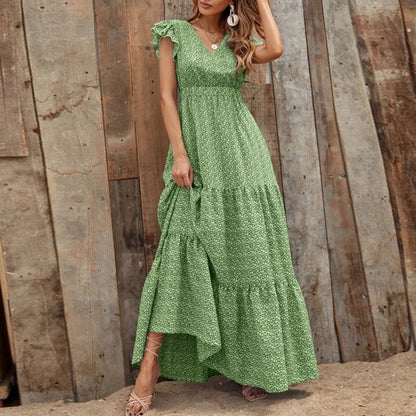 Damen Maxikleid mit zarten Rüschendetails und tieferem V-Ausschnitt Stalluxe
