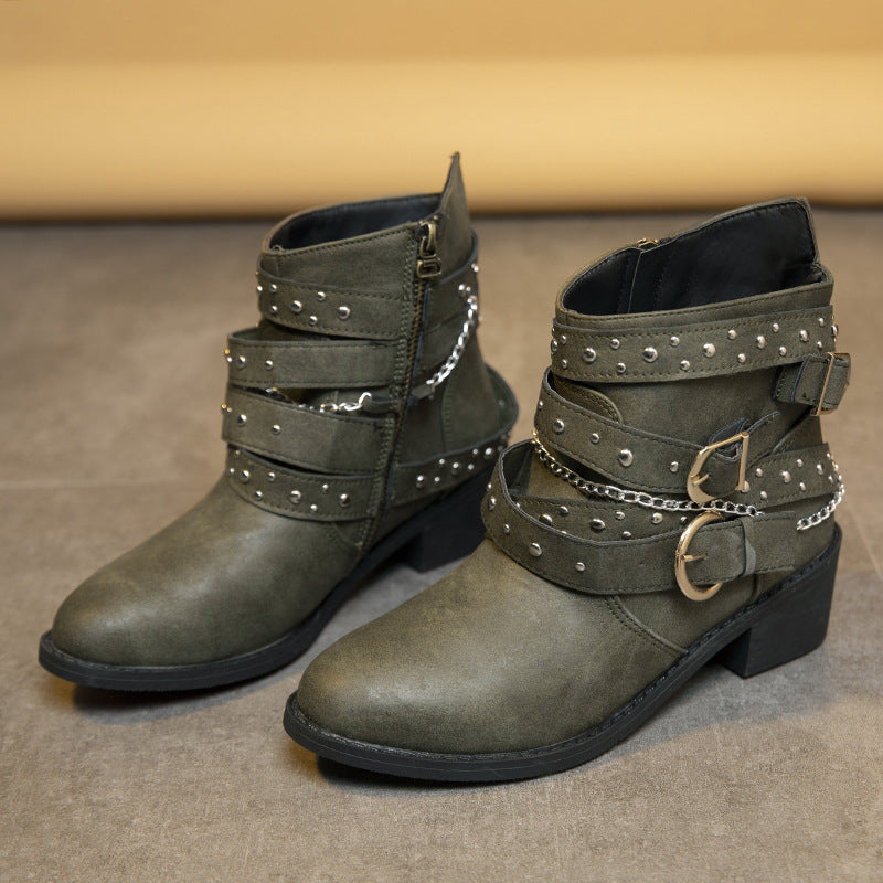 Damen modische Stiefeletten mit verzierten Riemen und Kettenelementen Stalluxe